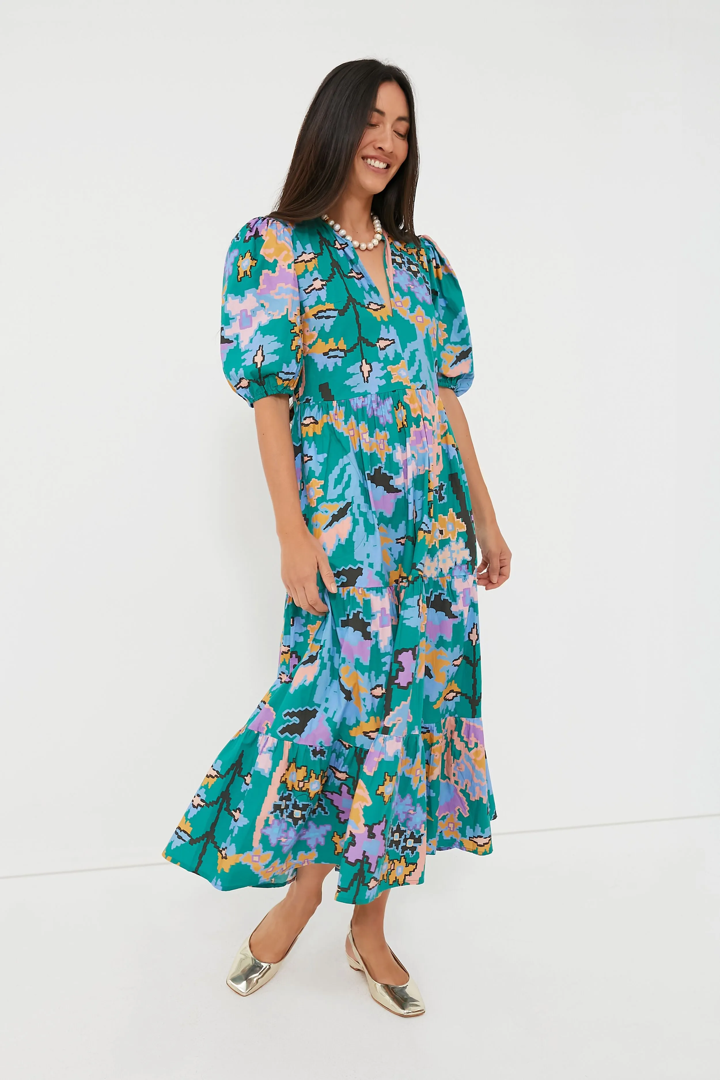 Green Bukhara Puff Sleeve Maxi Dress