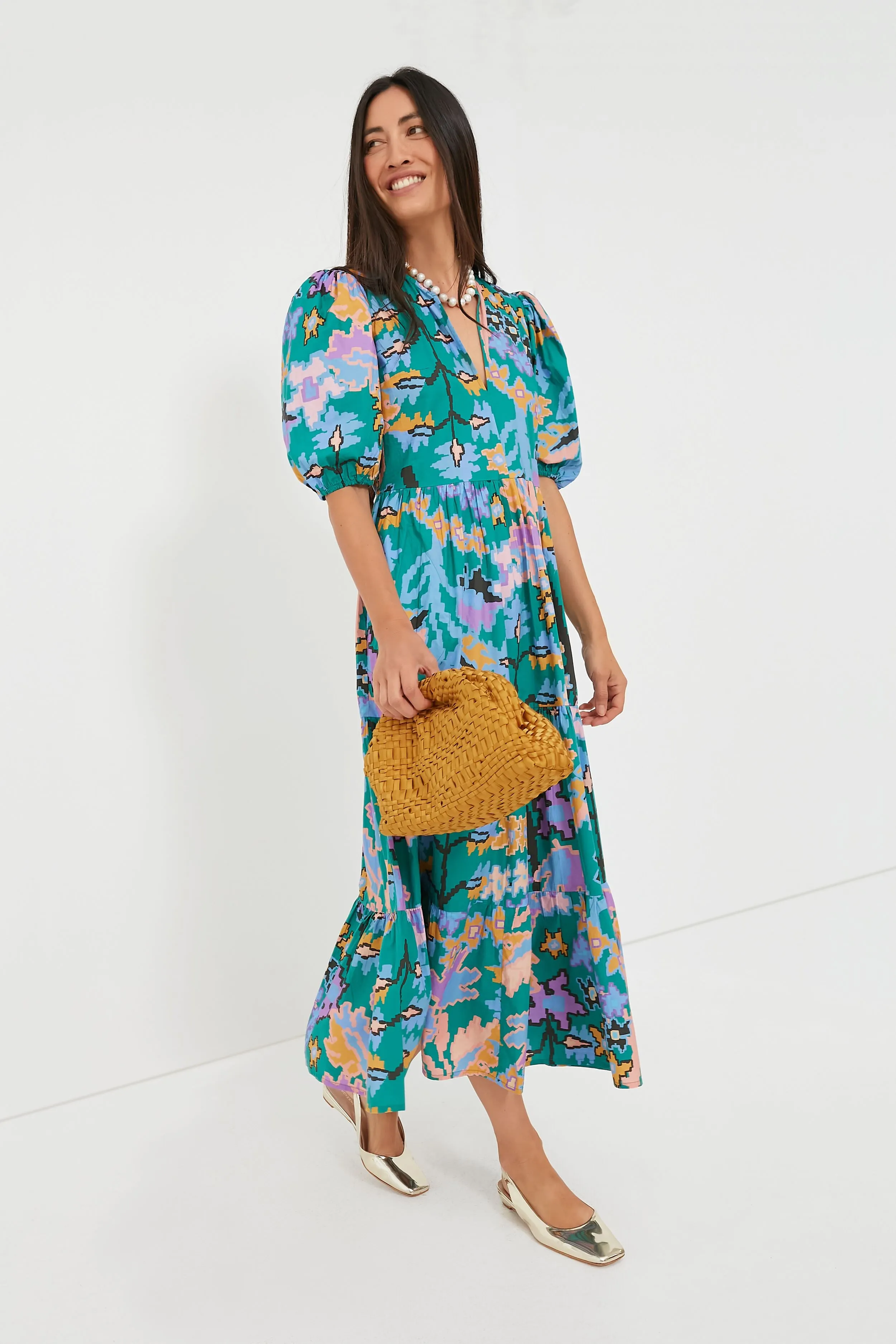Green Bukhara Puff Sleeve Maxi Dress