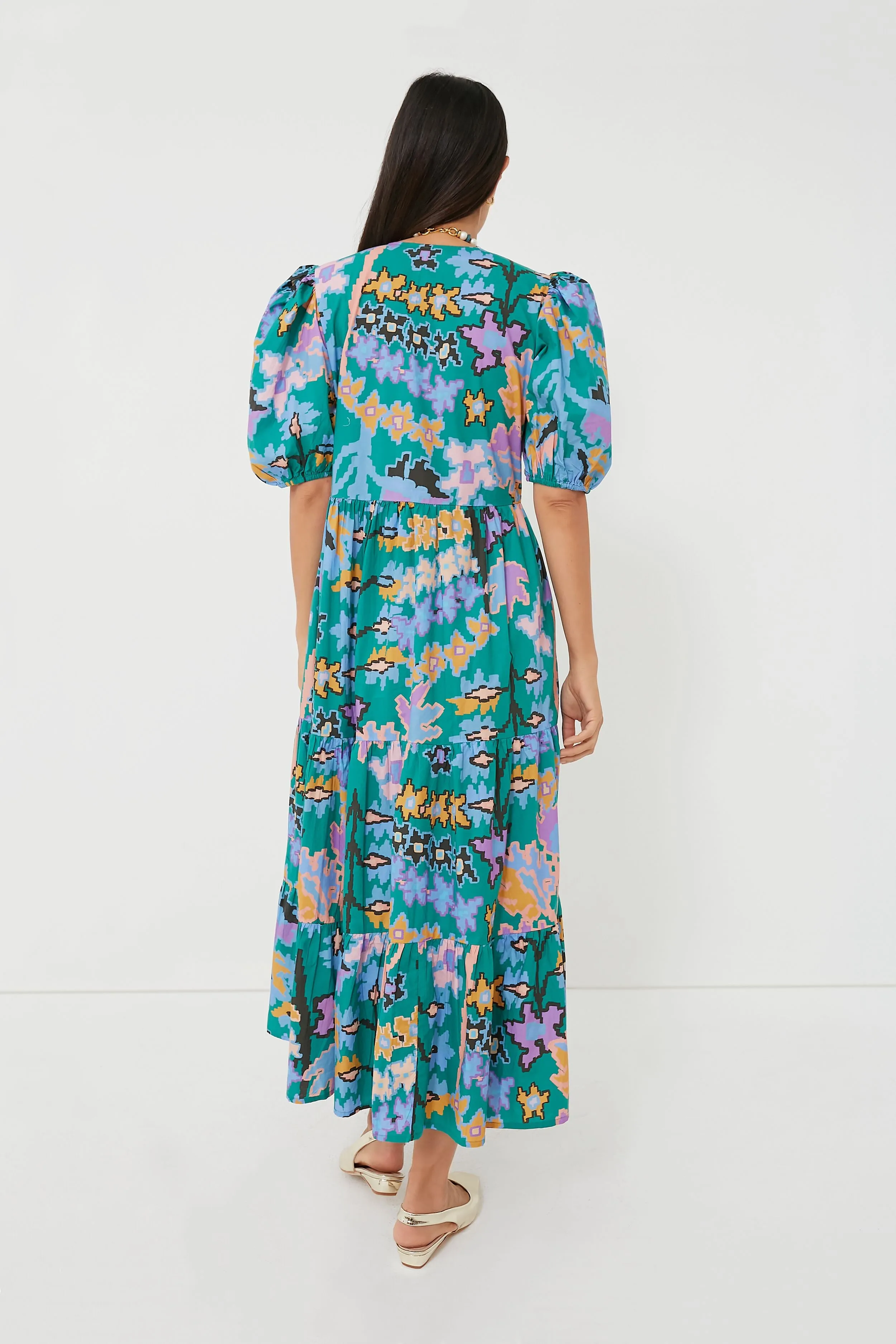 Green Bukhara Puff Sleeve Maxi Dress