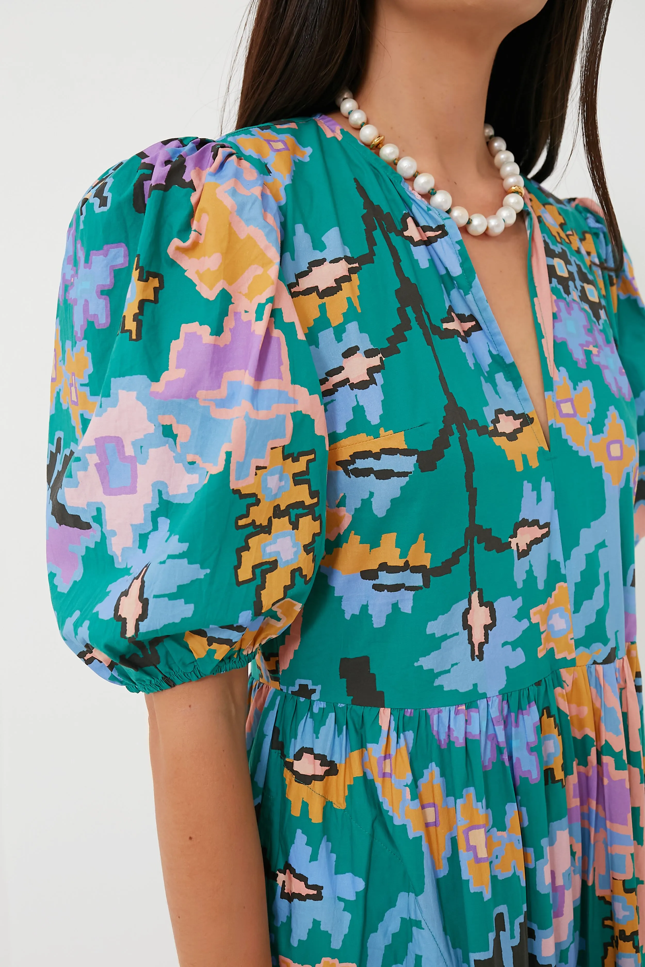 Green Bukhara Puff Sleeve Maxi Dress
