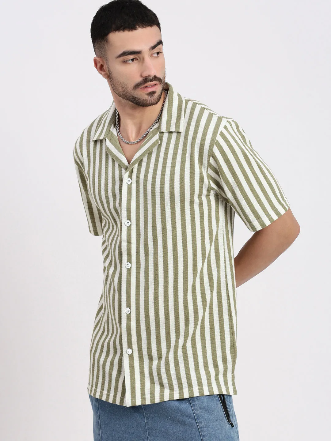 Men Olive Cuban Collar Striped Shirt