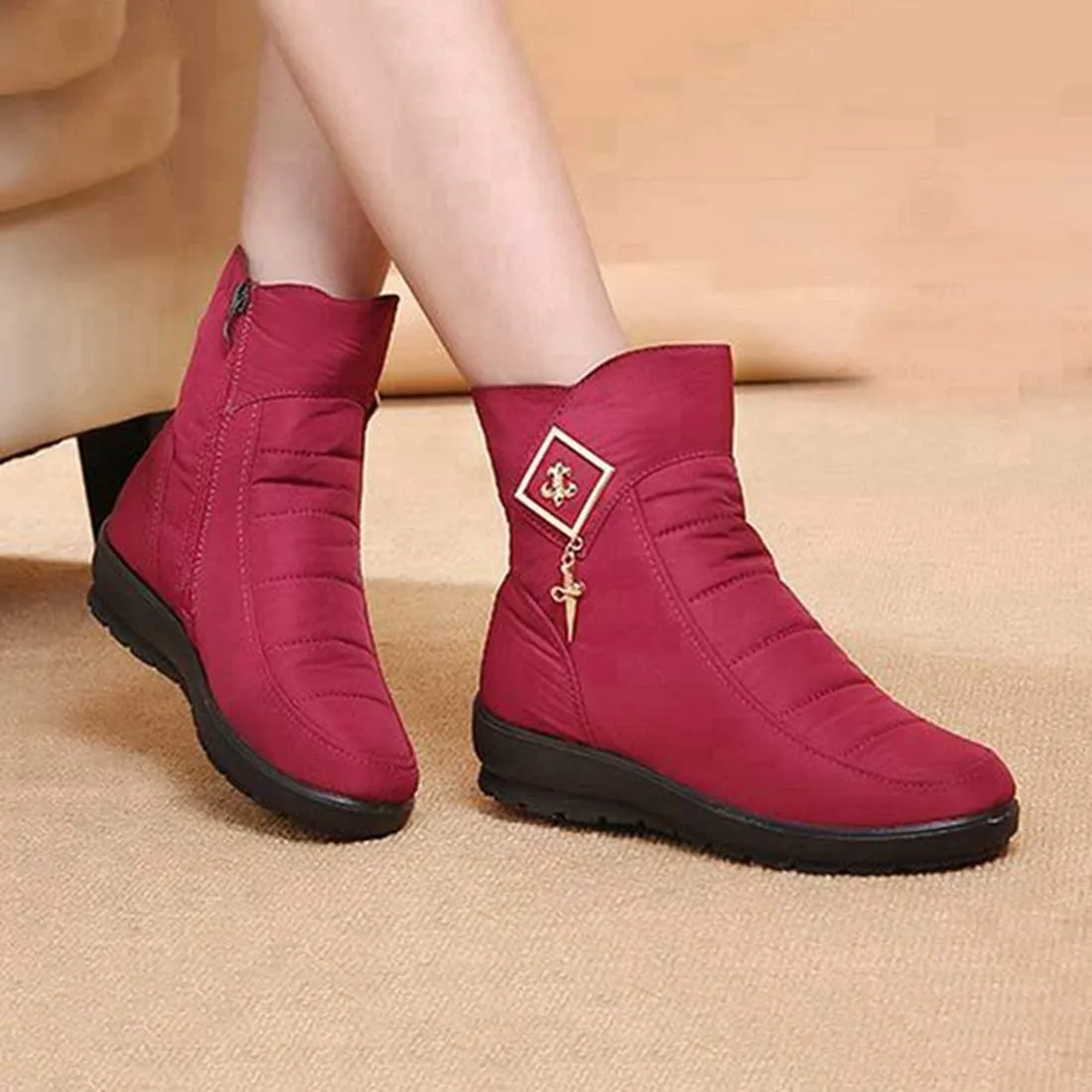 VOKLIN Women's Winter Fur Warm Snow Ankle Boots Waterproof Rain Zipper Outdoor Metallic Snow Short Booties