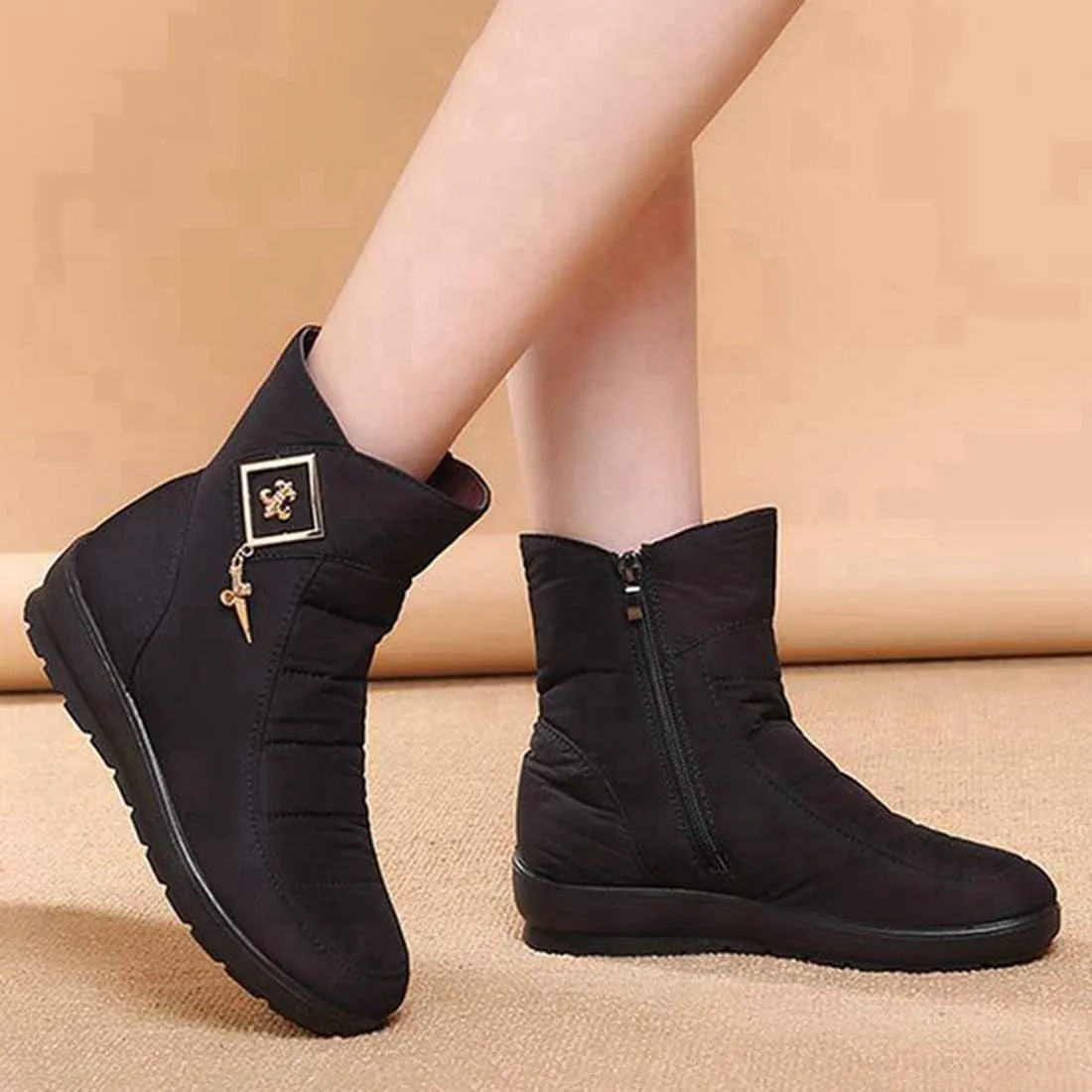 VOKLIN Women's Winter Fur Warm Snow Ankle Boots Waterproof Rain Zipper Outdoor Metallic Snow Short Booties