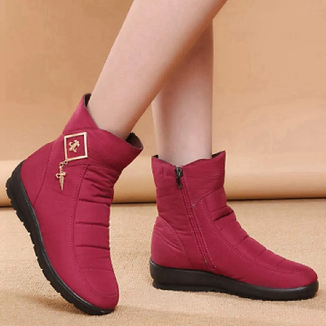 VOKLIN Women's Winter Fur Warm Snow Ankle Boots Waterproof Rain Zipper Outdoor Metallic Snow Short Booties