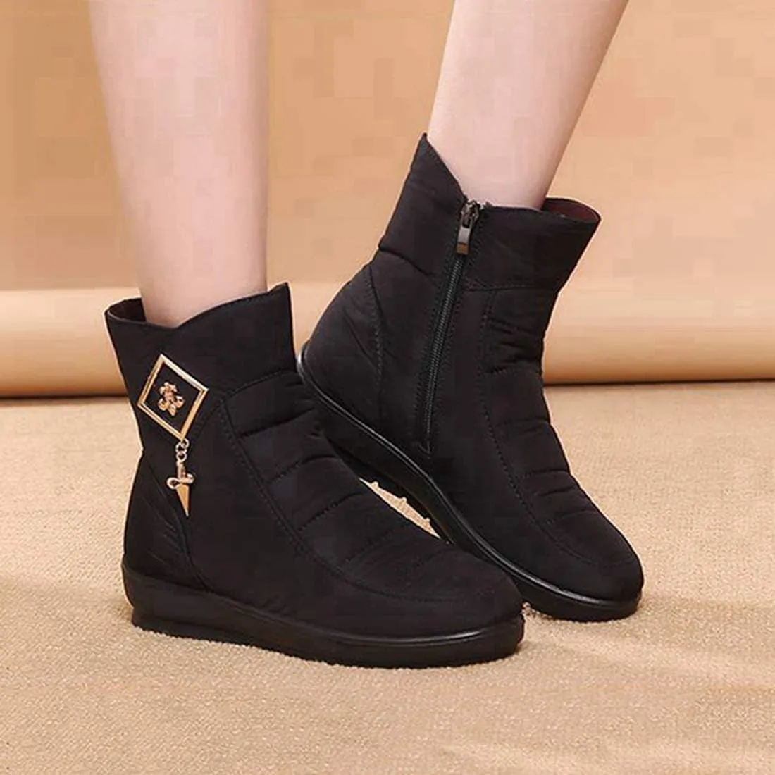 VOKLIN Women's Winter Fur Warm Snow Ankle Boots Waterproof Rain Zipper Outdoor Metallic Snow Short Booties