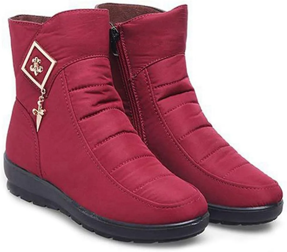 VOKLIN Women's Winter Fur Warm Snow Ankle Boots Waterproof Rain Zipper Outdoor Metallic Snow Short Booties