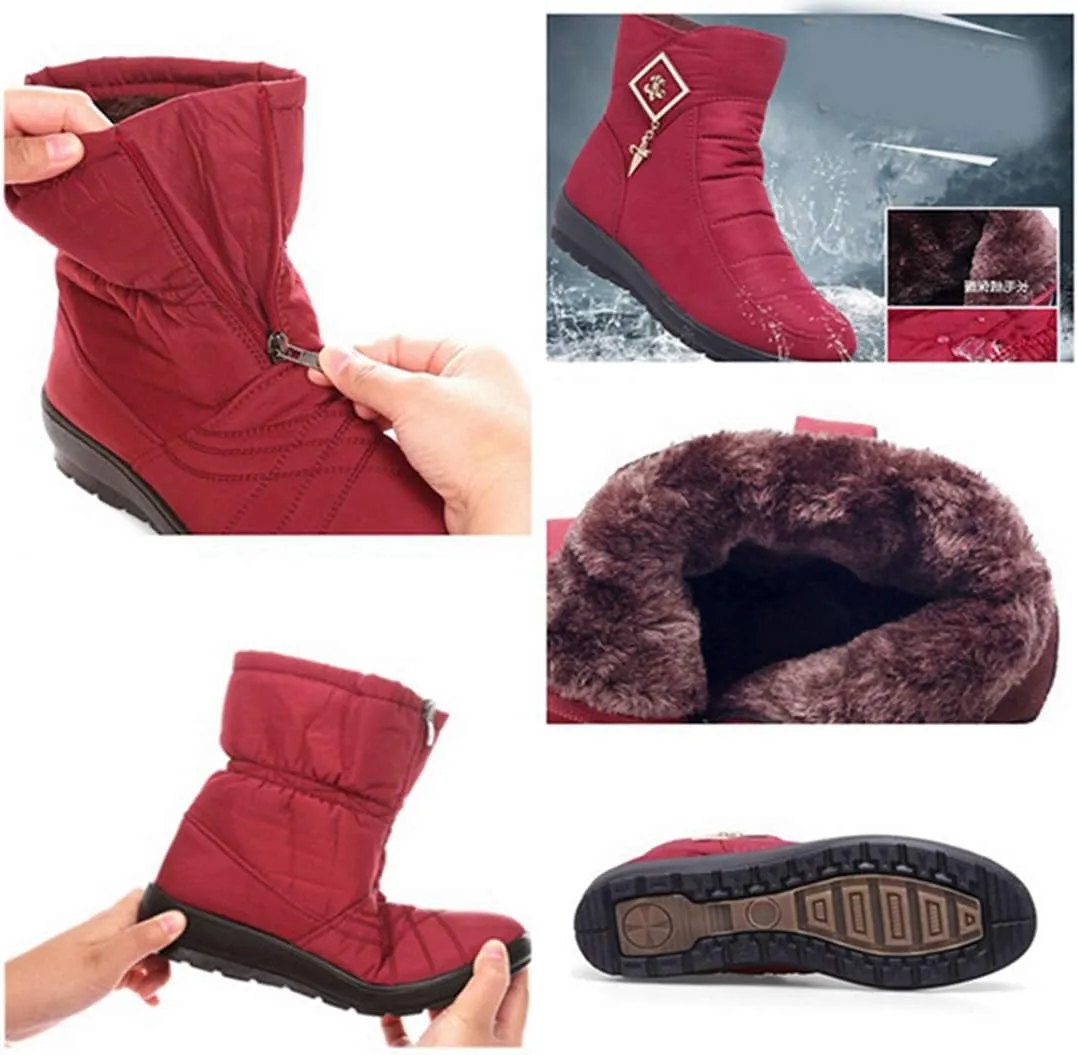 VOKLIN Women's Winter Fur Warm Snow Ankle Boots Waterproof Rain Zipper Outdoor Metallic Snow Short Booties
