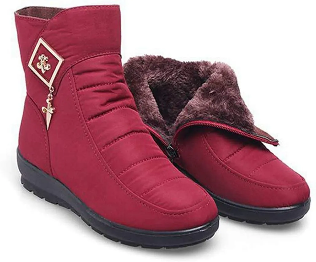 VOKLIN Women's Winter Fur Warm Snow Ankle Boots Waterproof Rain Zipper Outdoor Metallic Snow Short Booties