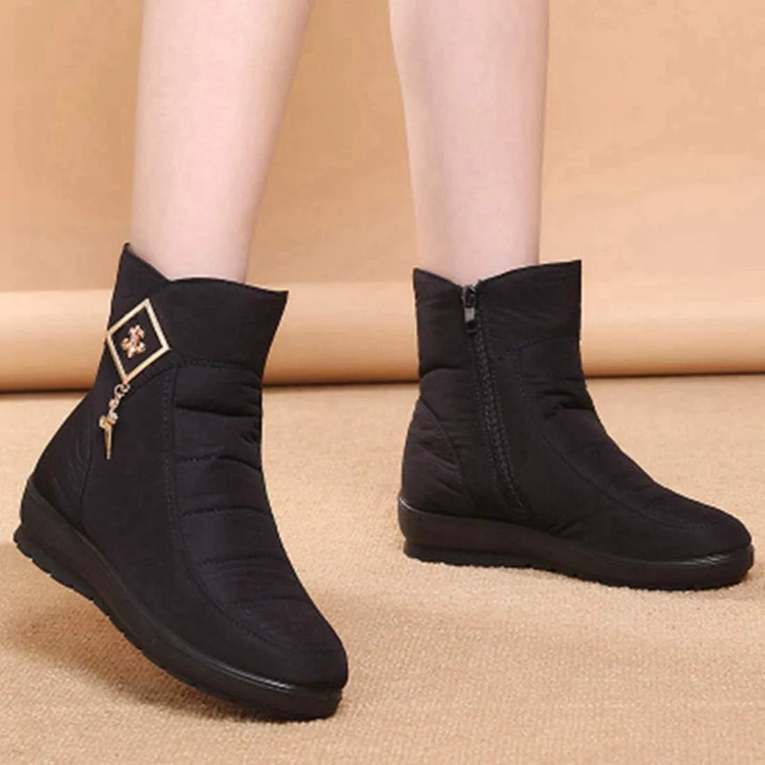 VOKLIN Women's Winter Fur Warm Snow Ankle Boots Waterproof Rain Zipper Outdoor Metallic Snow Short Booties